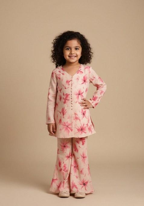 Girls Peach Floral Print Georgette Fusion Set