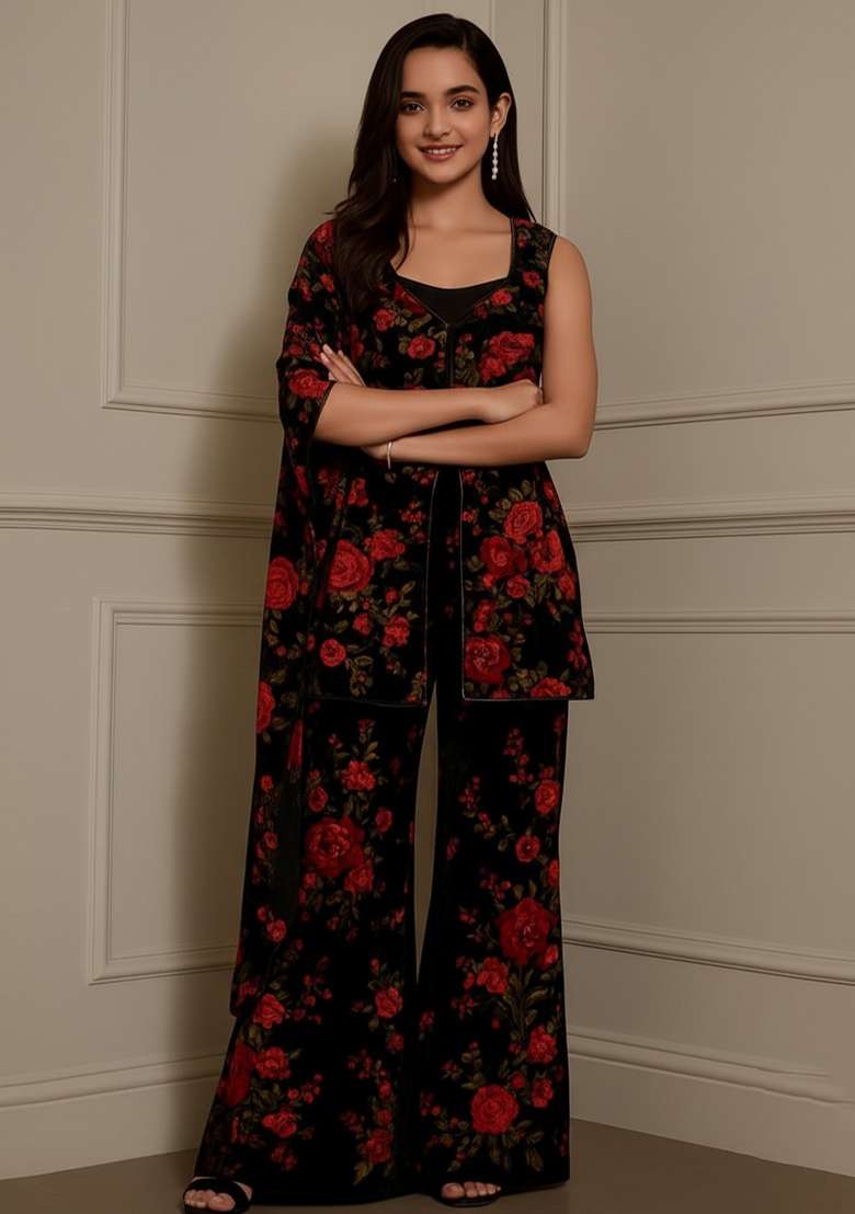 Girls Black Embroidered Georgette Kurta Set - Indya
