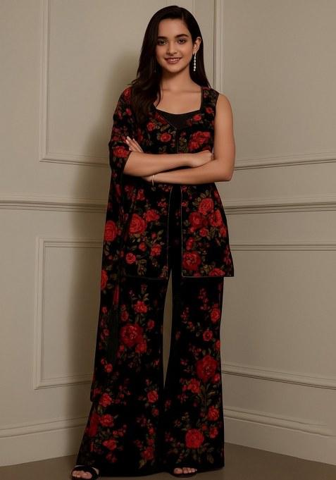 Girls Black Embroidered Georgette Kurta Set