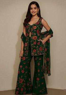 Girls Green Embroidered Georgette Kurta Set