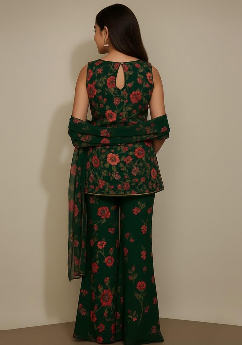 Girls Green Embroidered Georgette Kurta Set - Indya