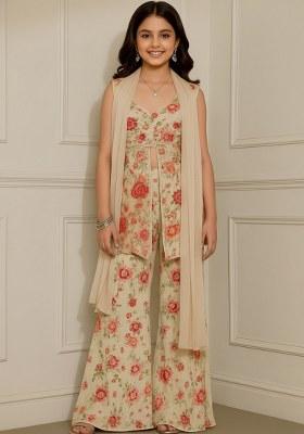 Girls White Embroidered Georgette Kurta Set