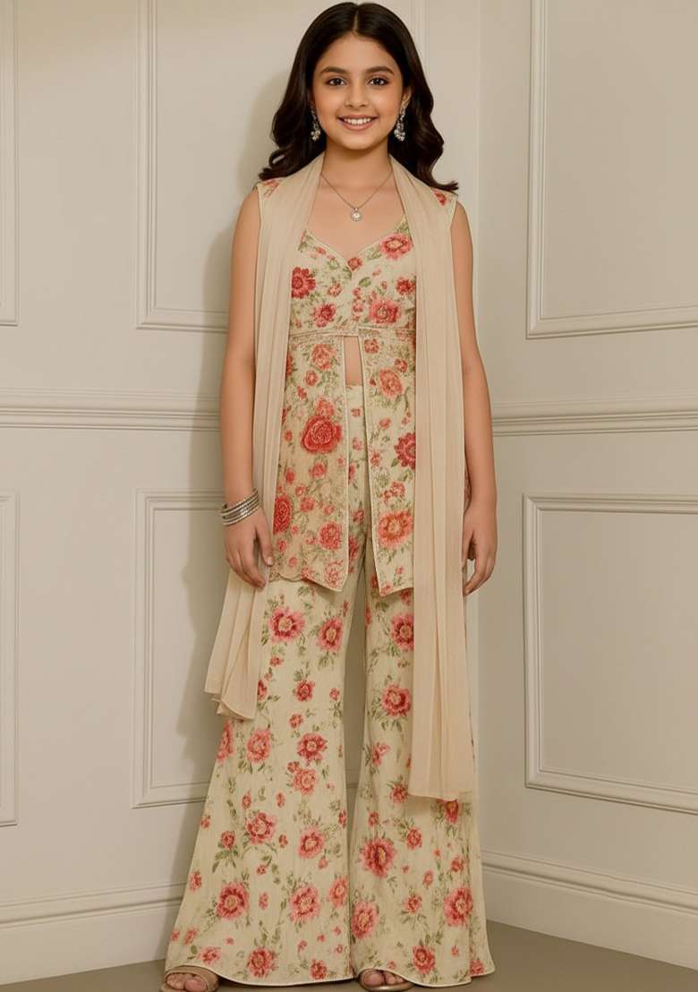 Girls White Embroidered Georgette Kurta Set - Indya