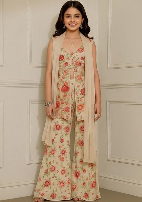 Girls White Embroidered Georgette Kurta Set