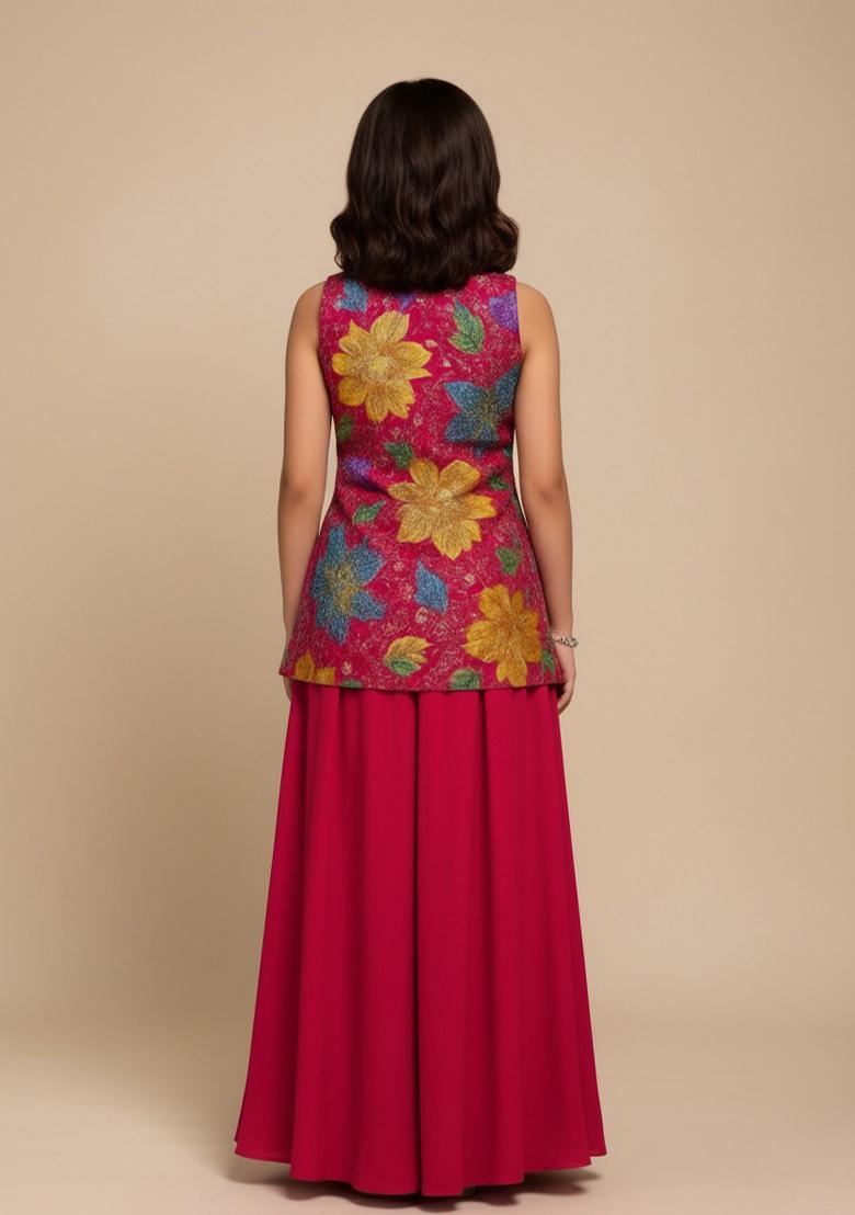 Girls Pink Embroidered Crepe Kurta Set - Indya