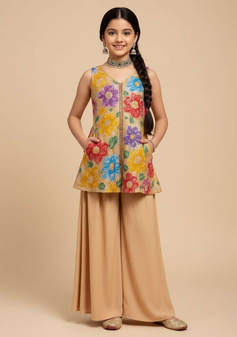 Girls Beige Embroidered Crepe Kurta Set - Indya