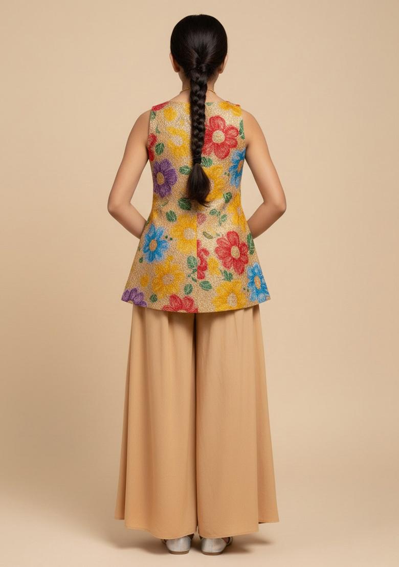 Girls Beige Embroidered Crepe Kurta Set - Indya