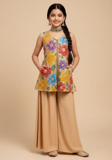 Girls Beige Embroidered Crepe Kurta Set