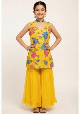 Girls Yellow Embroidered Crepe Kurta Set