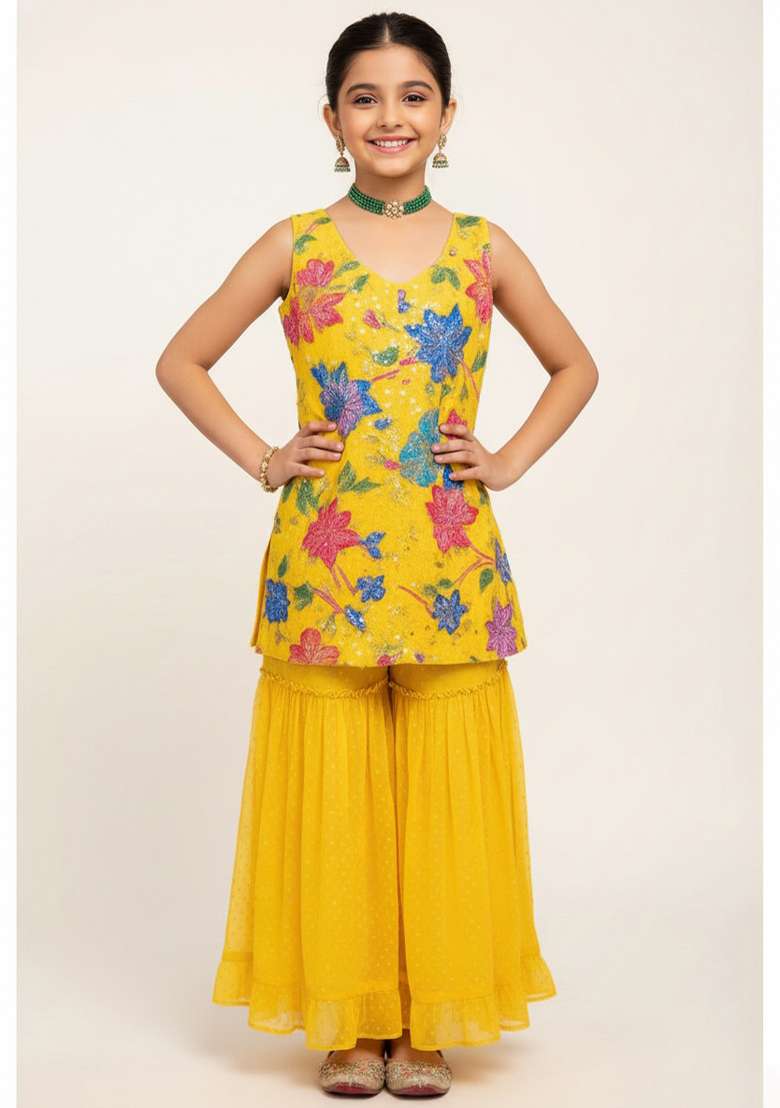 Girls Yellow Embroidered Crepe Kurta Set - Indya