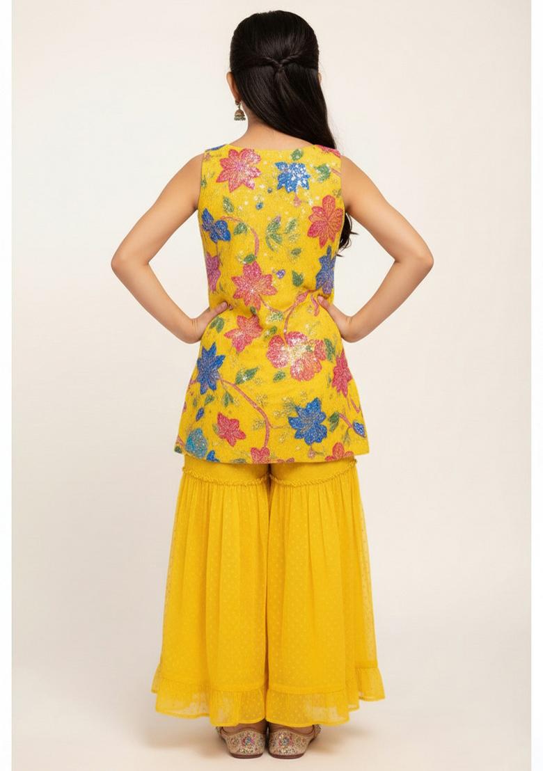 Girls Yellow Embroidered Crepe Kurta Set - Indya