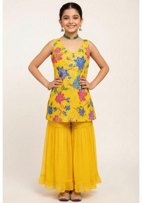 Girls Yellow Embroidered Crepe Kurta Set