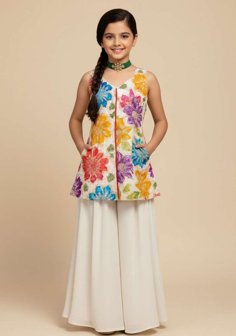 Girls White Embroidered Crepe Kurta Set - Indya