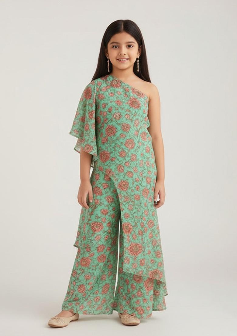 Girls Mint Green Floral Print Jumpsuit