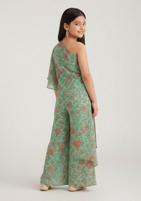 Girls Mint Green Floral Print Jumpsuit