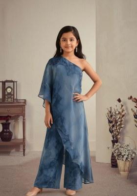 Girls Blue Floral Print Jumpsuit