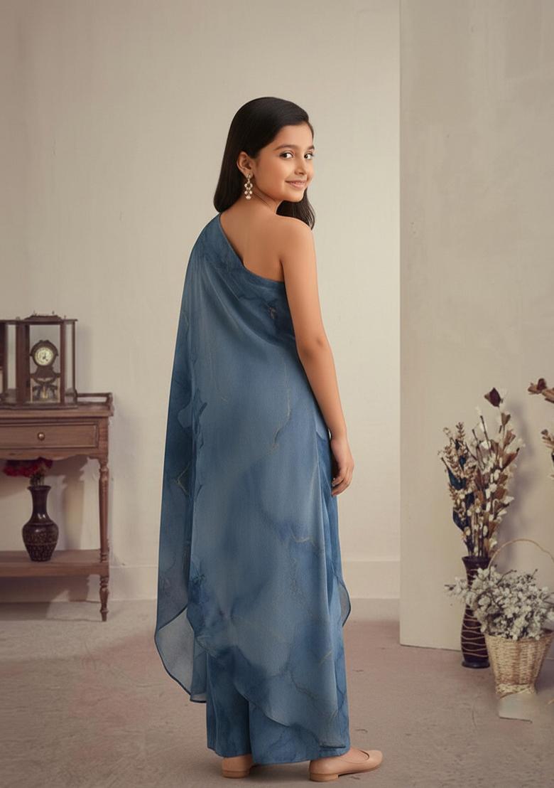 Girls Blue Floral Print Jumpsuit - Indya