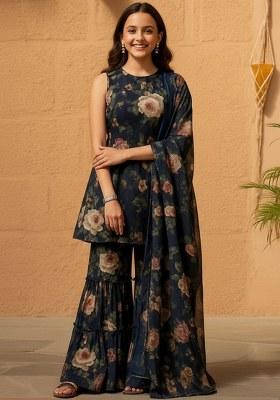Girls Deep Blue Floral Print Kurta Set