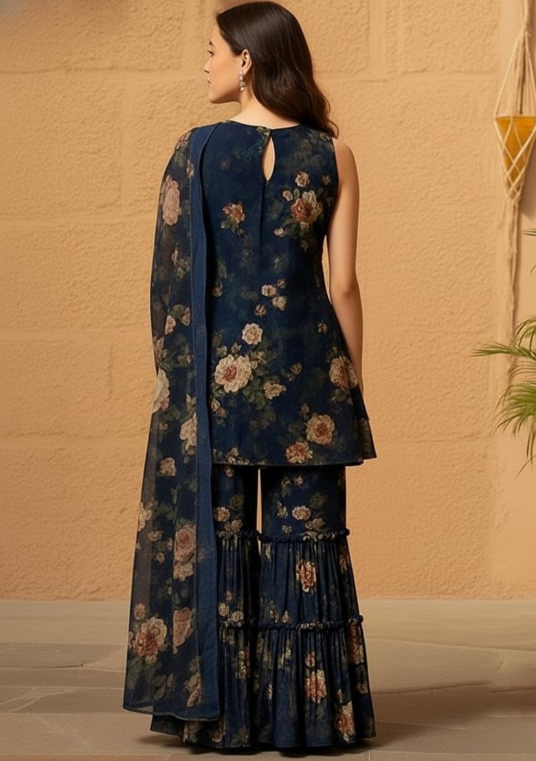 Girls Deep Blue Floral Print Kurta Set - Indya