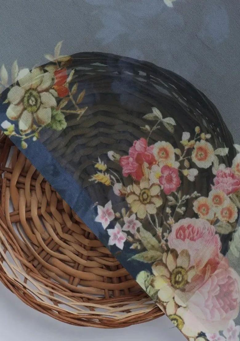 Girls Deep Blue Floral Print Kurta Set - Indya