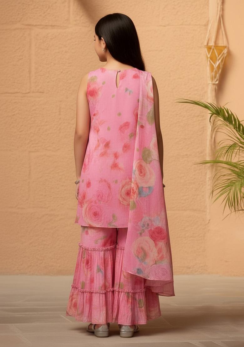 Girls Pink Floral Print Kurta Set - Indya