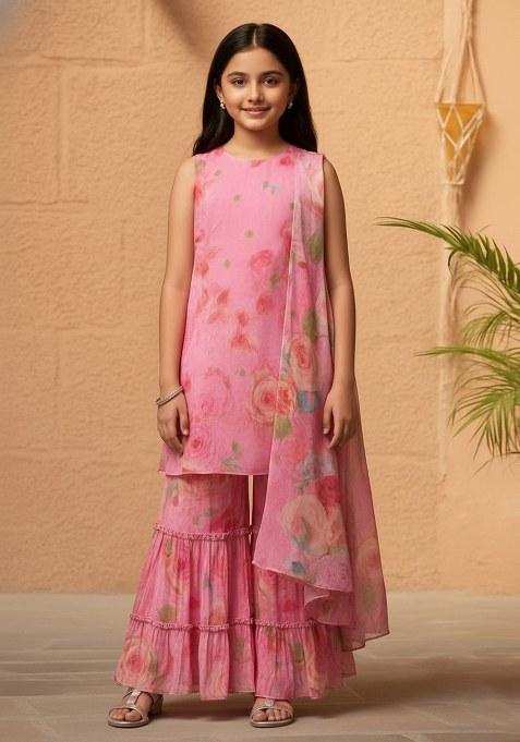 Girls Pink Floral Print Kurta Set