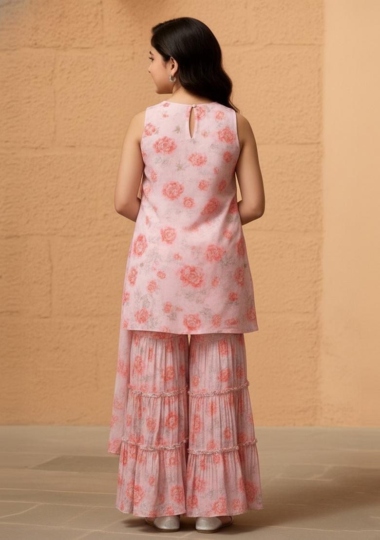 Girls Lavender Floral Print Kurta Set - Indya