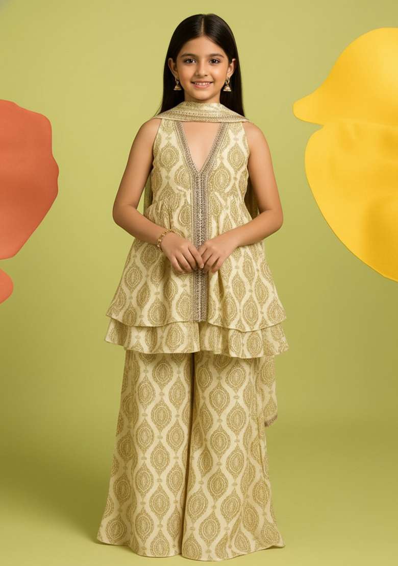 Girls White Abstract Print Chiffon Kurta Set - Indya