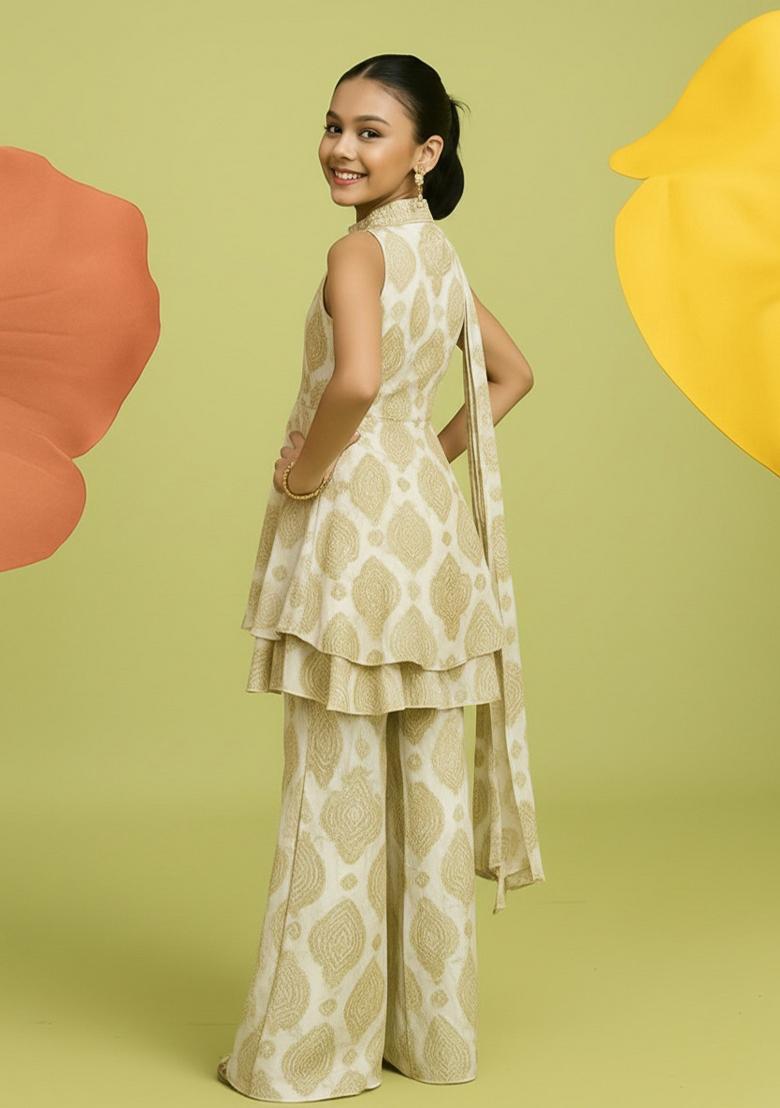 Girls White Abstract Print Chiffon Kurta Set - Indya