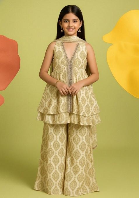 Girls White Abstract Print Chiffon Kurta Set