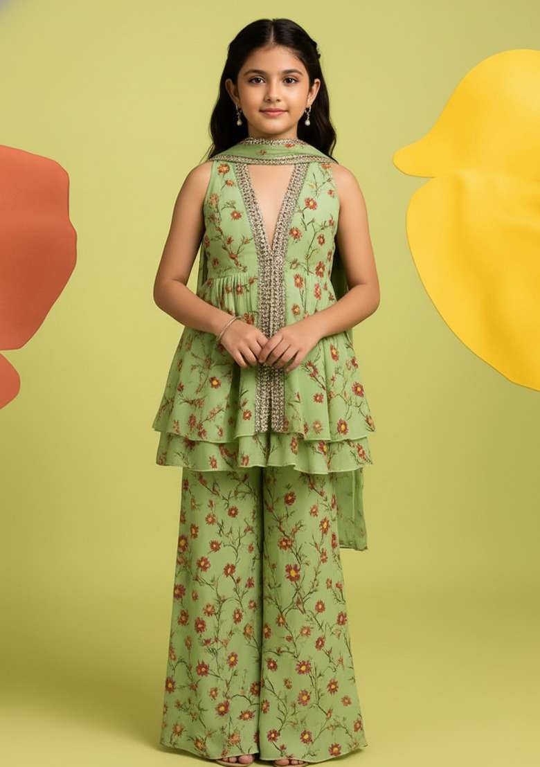 Girls Yellow Floral Print Georgette Kurta Set - Indya