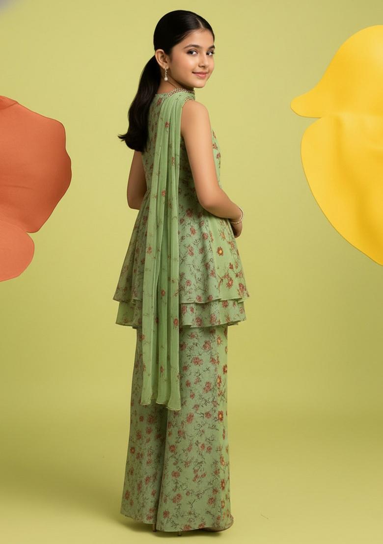 Girls Yellow Floral Print Georgette Kurta Set - Indya