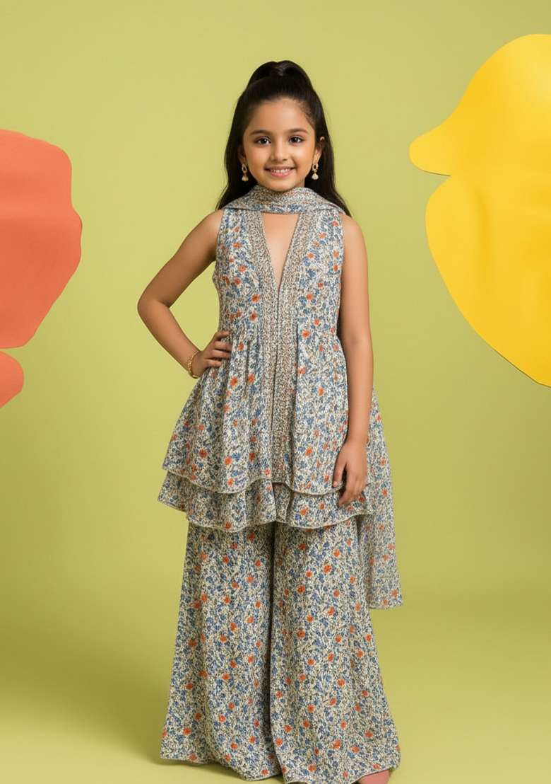 Girls Multicolor Floral Print Georgette Kurta Set - Indya