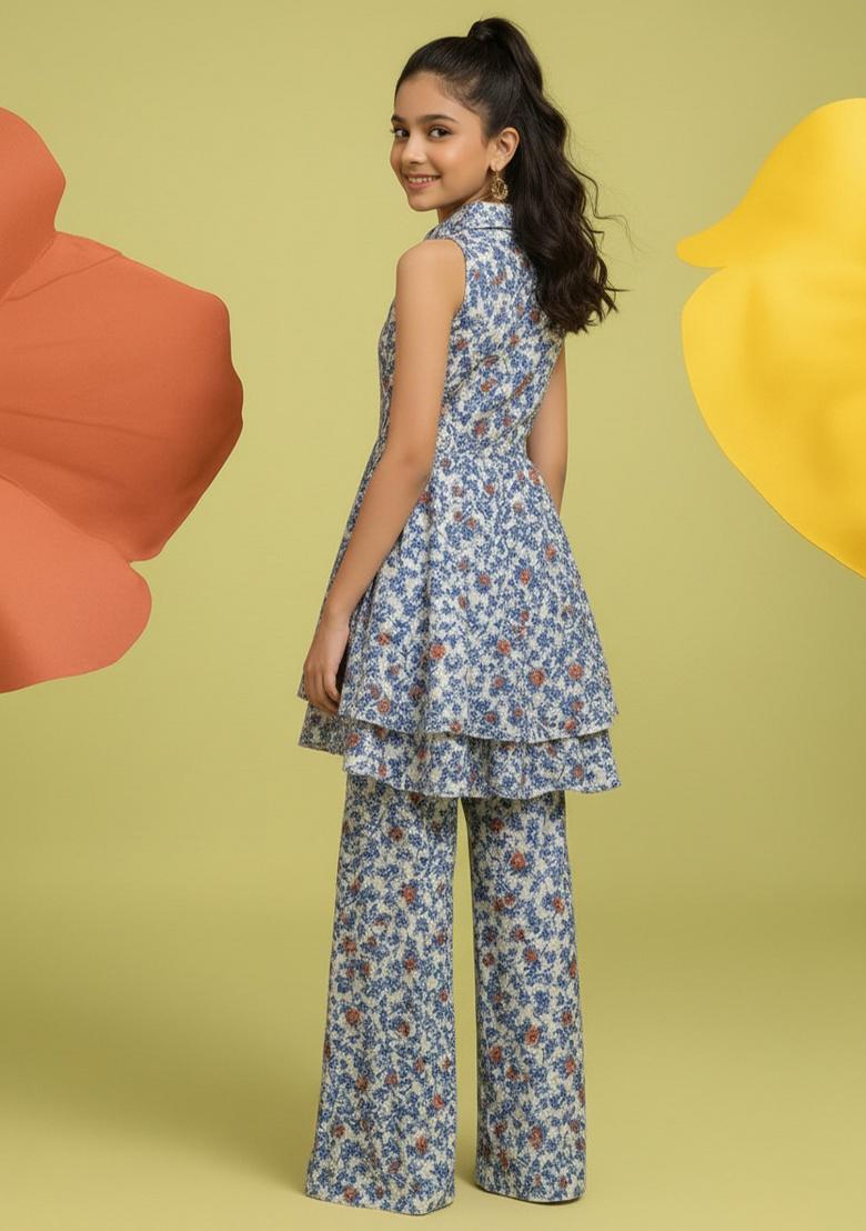 Girls Multicolor Floral Print Georgette Kurta Set - Indya