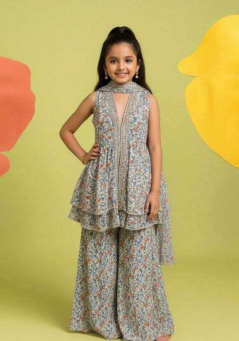Girls Multicolor Floral Print Georgette Kurta Set