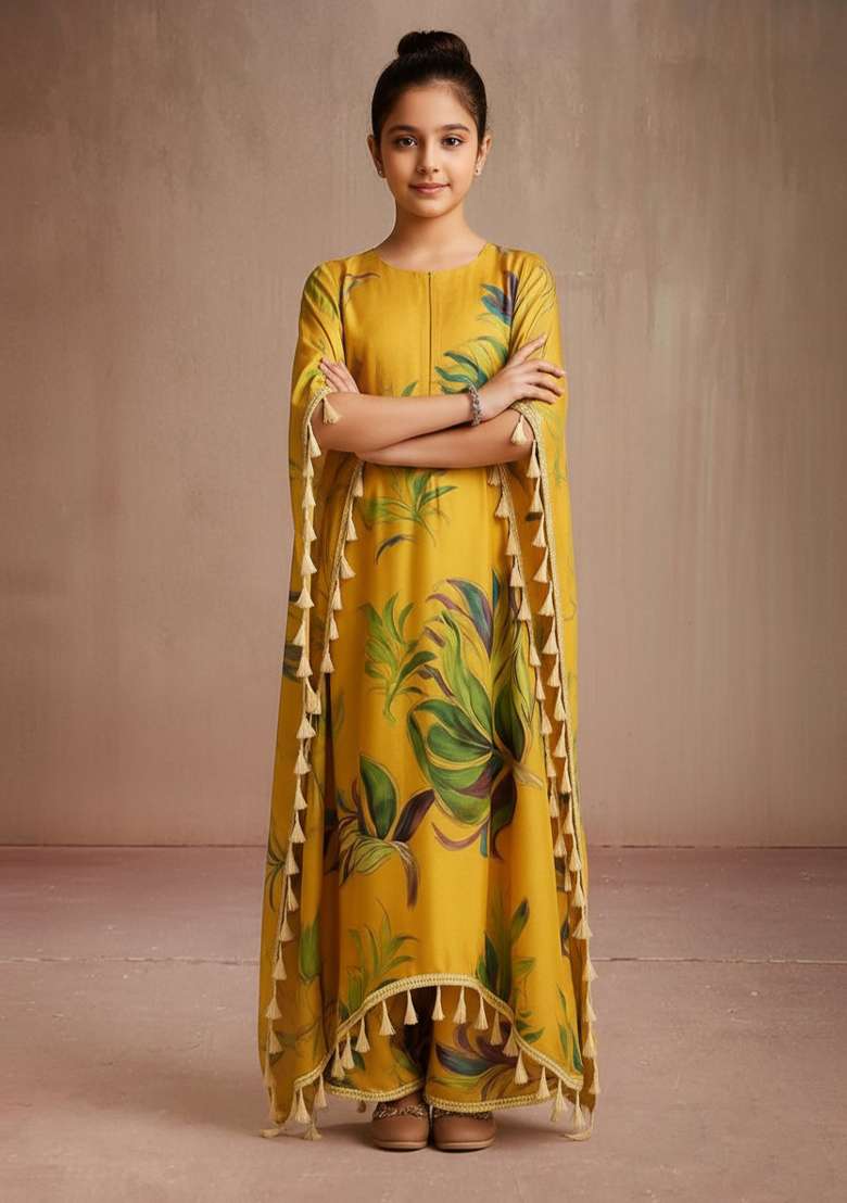 Girls Brown Leaf Print Satin Kaftan Set - Indya