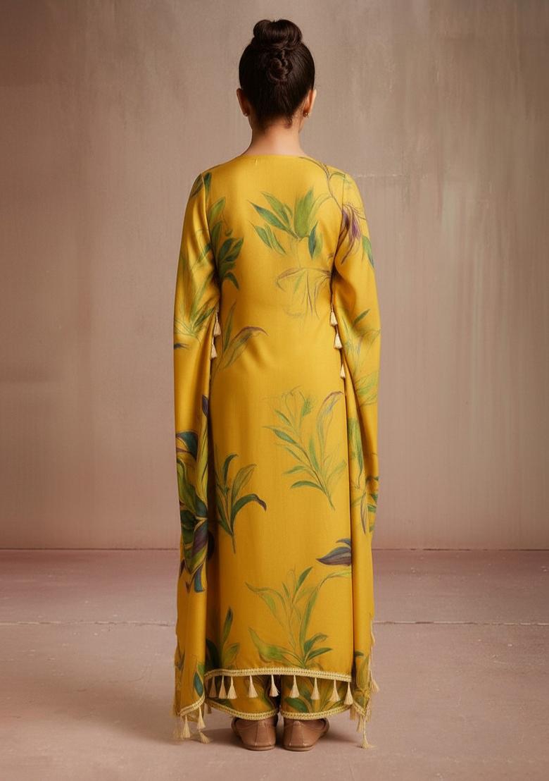 Girls Brown Leaf Print Satin Kaftan Set - Indya