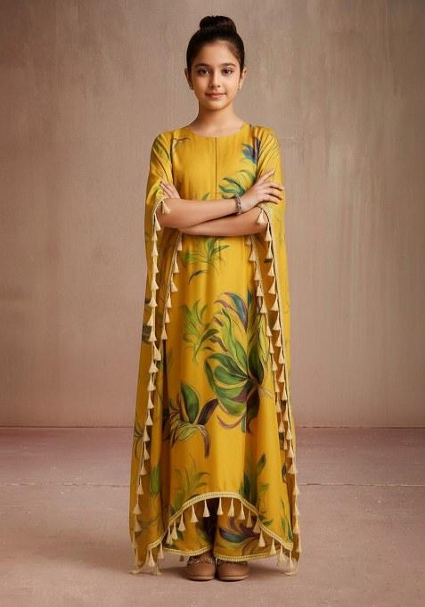 Girls Brown Leaf Print Satin Kaftan Set