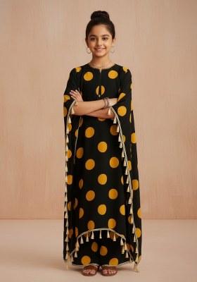Girls Black Floral Print Satin Kaftan Set