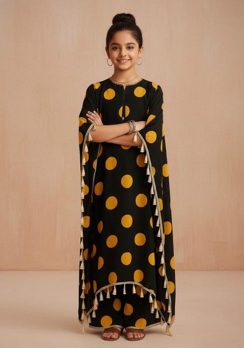 Girls Black Floral Print Satin Kaftan Set