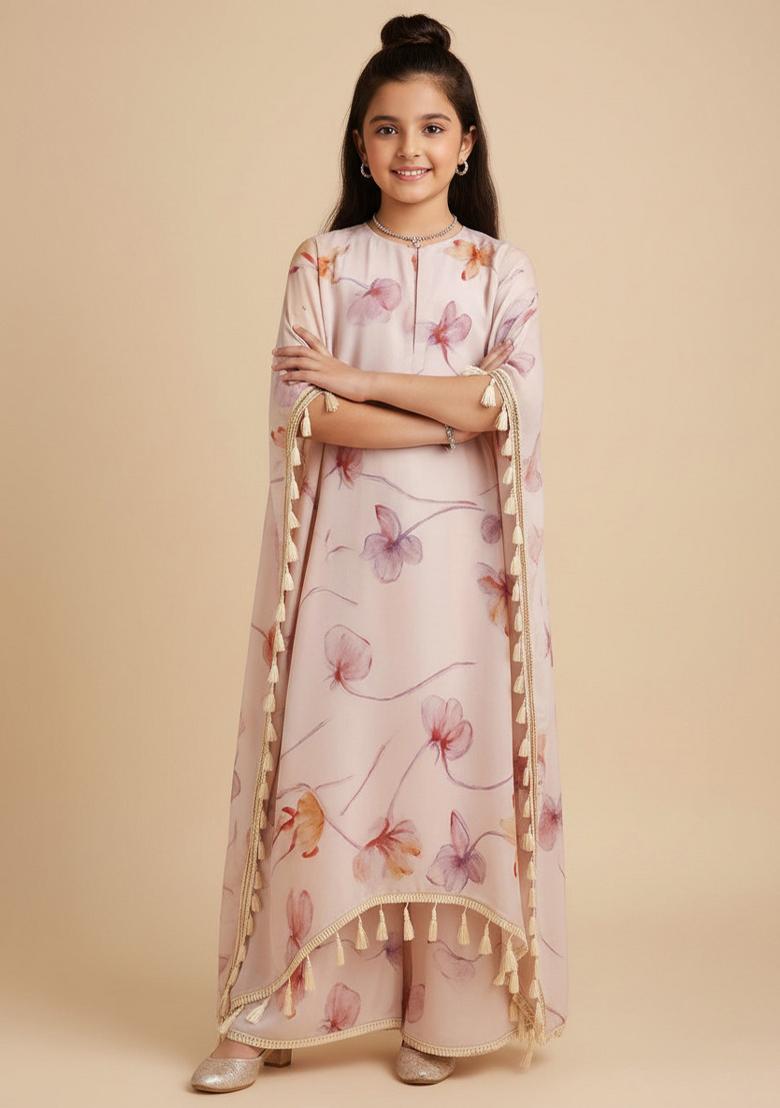 Girls Multicolor Floral Print Satin Kaftan Set - Indya