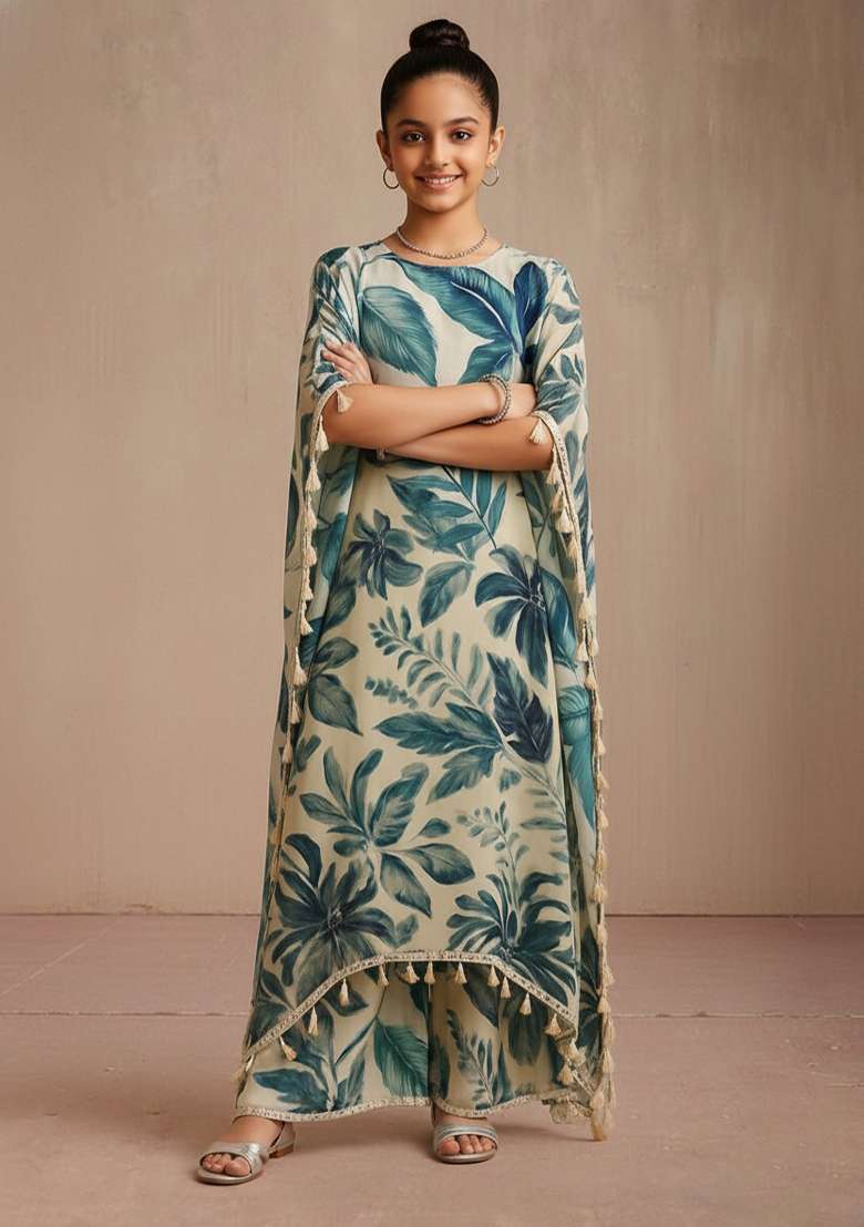 Girls White Leaf Print Satin Kaftan Set - Indya