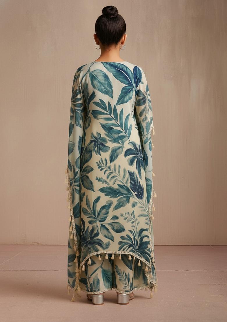 Girls White Leaf Print Satin Kaftan Set - Indya