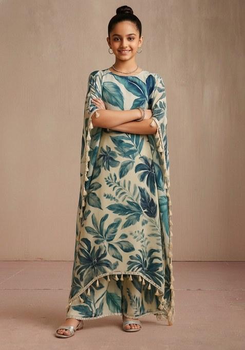 Girls White Leaf Print Satin Kaftan Set
