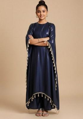 Girls Blue Embellished Satin Kaftan Set