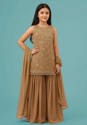 Girls Cream Embroidered Georgette Sharara Set