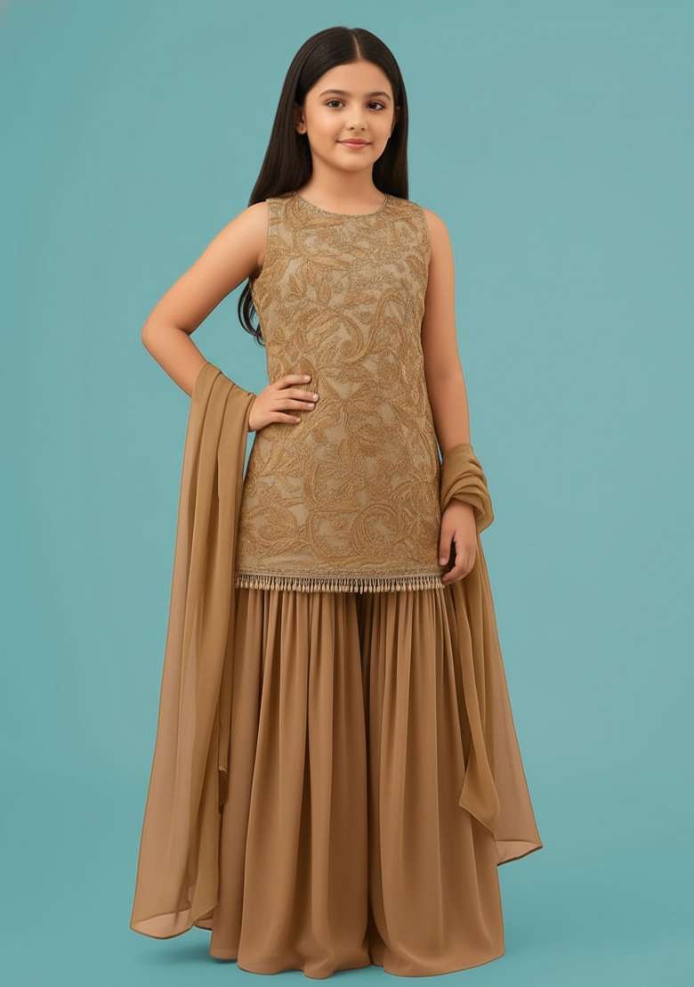 Girls Cream Embroidered Georgette Sharara Set - Indya