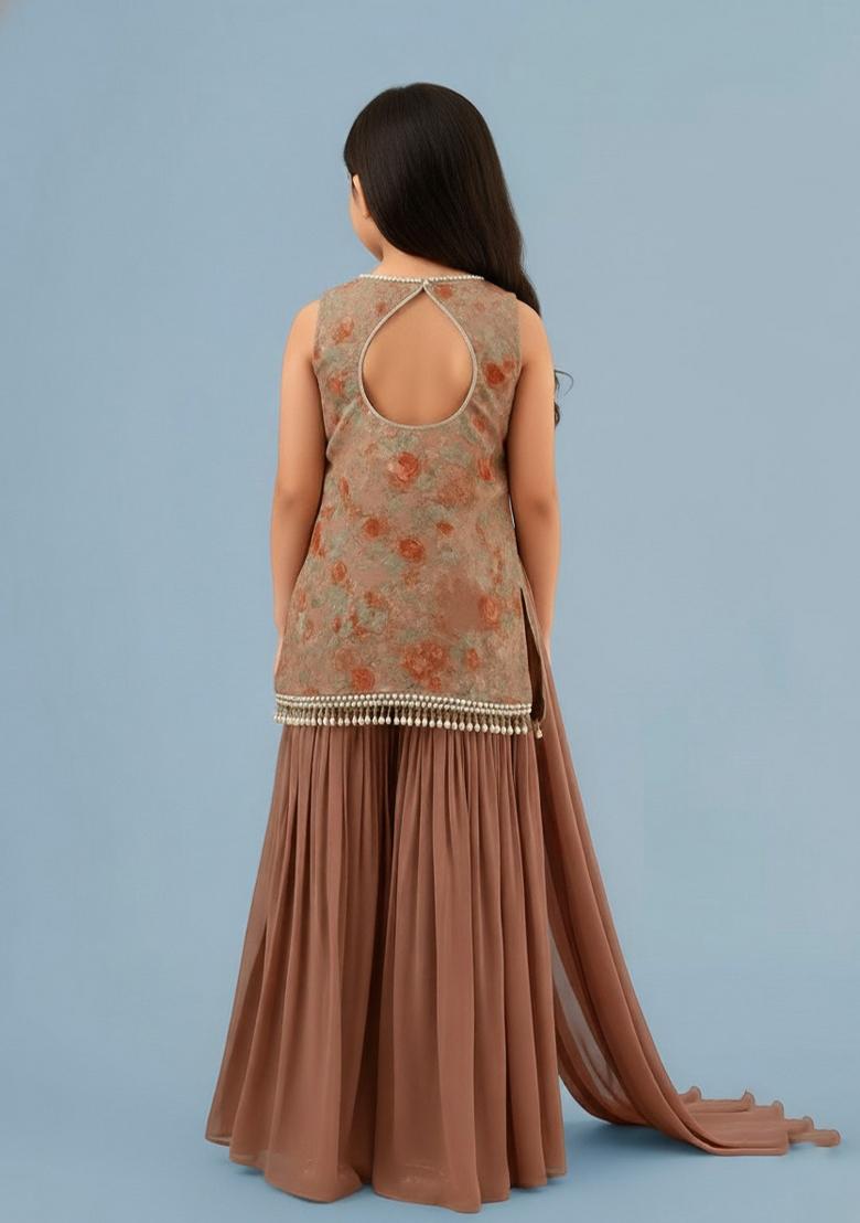 Girls Cream Embroidered Georgette Sharara Set - Indya