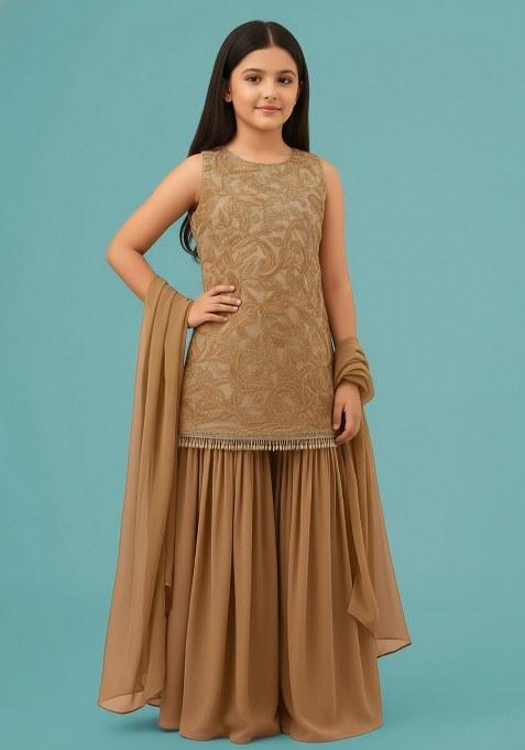 Girls Cream Embroidered Georgette Sharara Set