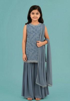 Girls Blue Floral Print Georgette Sharara Set